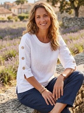 Focus Casual Life Crinkle Cotton Tunic Lagenlook Boho Artsy Wide Neck White S